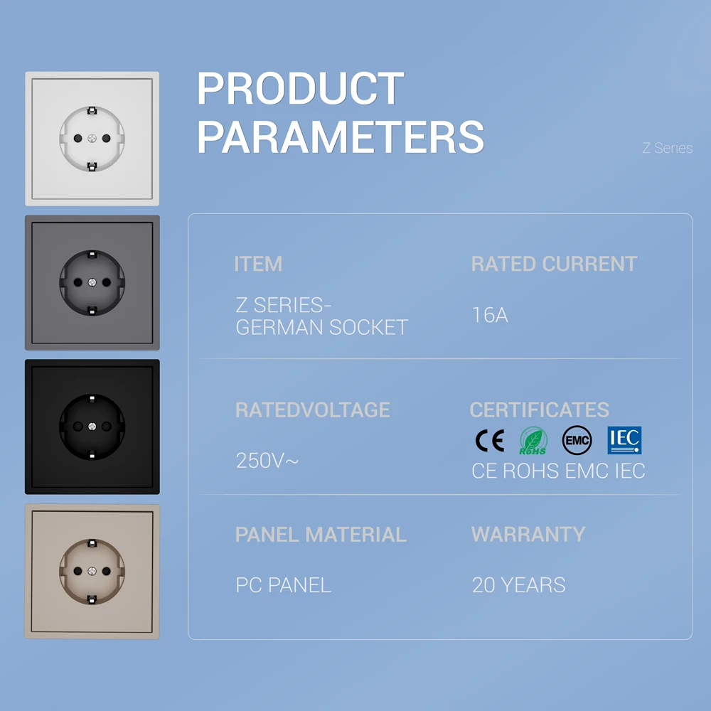 European standard provisions wall socket 80*80mm German socket white black grey gold 250V 16A PC panel CE Rohs certification