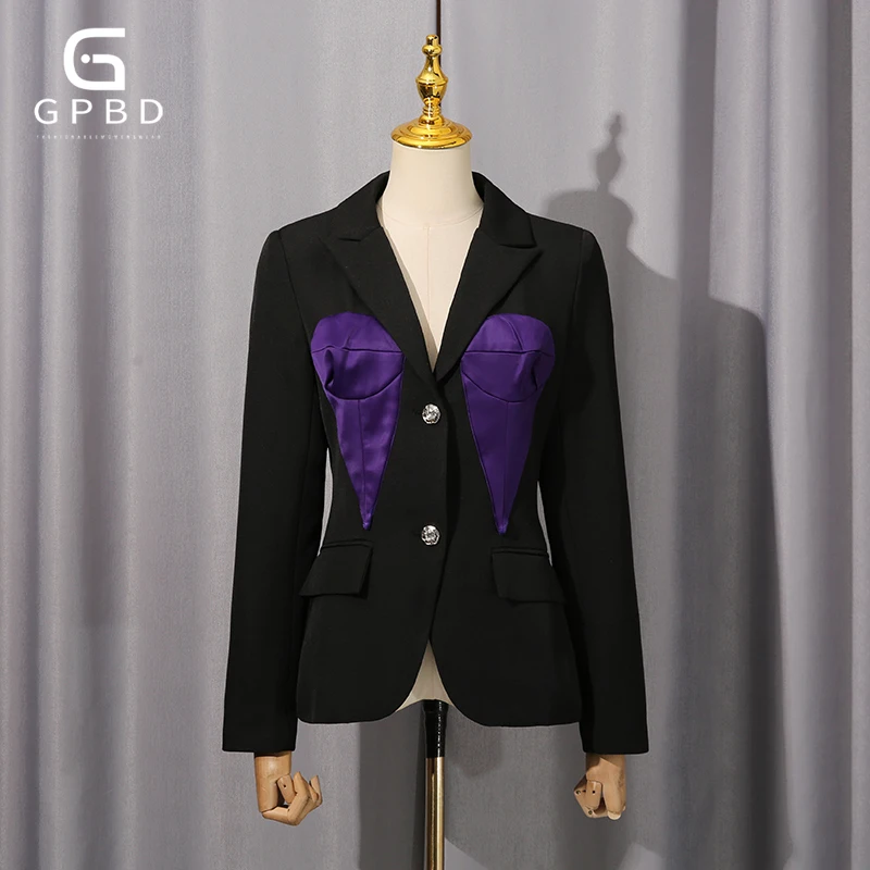 

Hit Color Temperament Slimming Tunic Jackets for Women Laple Long Sleeve Splice Button Designer Chic Coat Female Autumn New