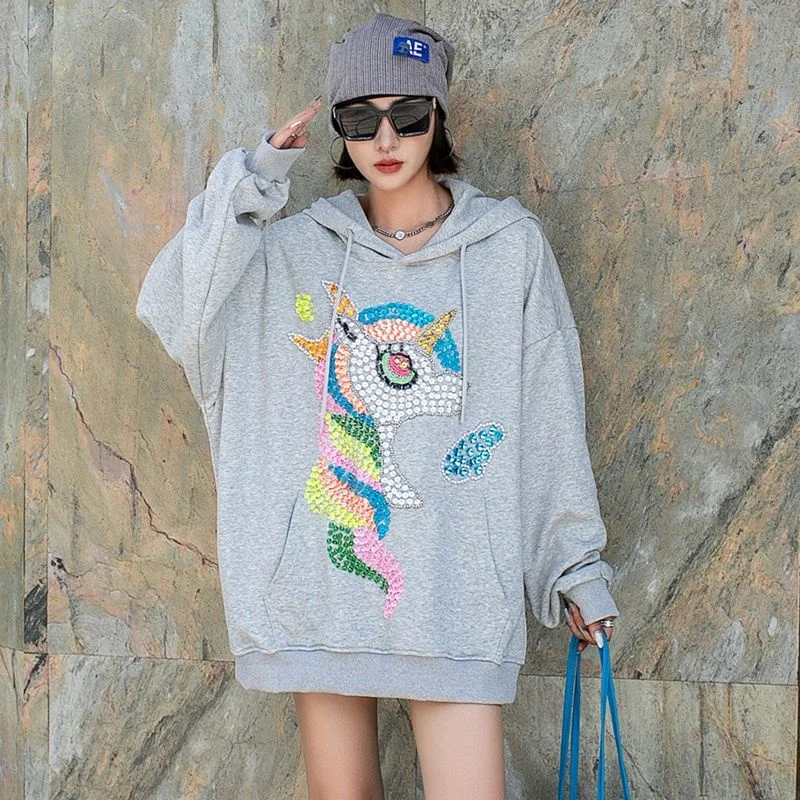 Hoodie Trendy Cartoon Top 2023 New Autumn Winter Loose Mid-long Pullovers Sweatshirt Diamond Bead Long Sleeve Sweatshirts