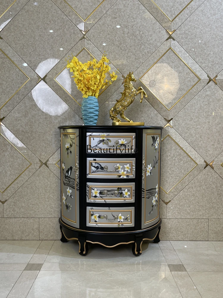 

New Chinese Classical Silver Foil Painted Semicircle Entrance Entrance Cabinet Solid Wood Decorative Chest of Drawers