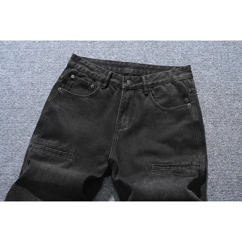 

American loose straight black jeans for men, fashionable and nostalgic with multiple pockets, street style retro pants