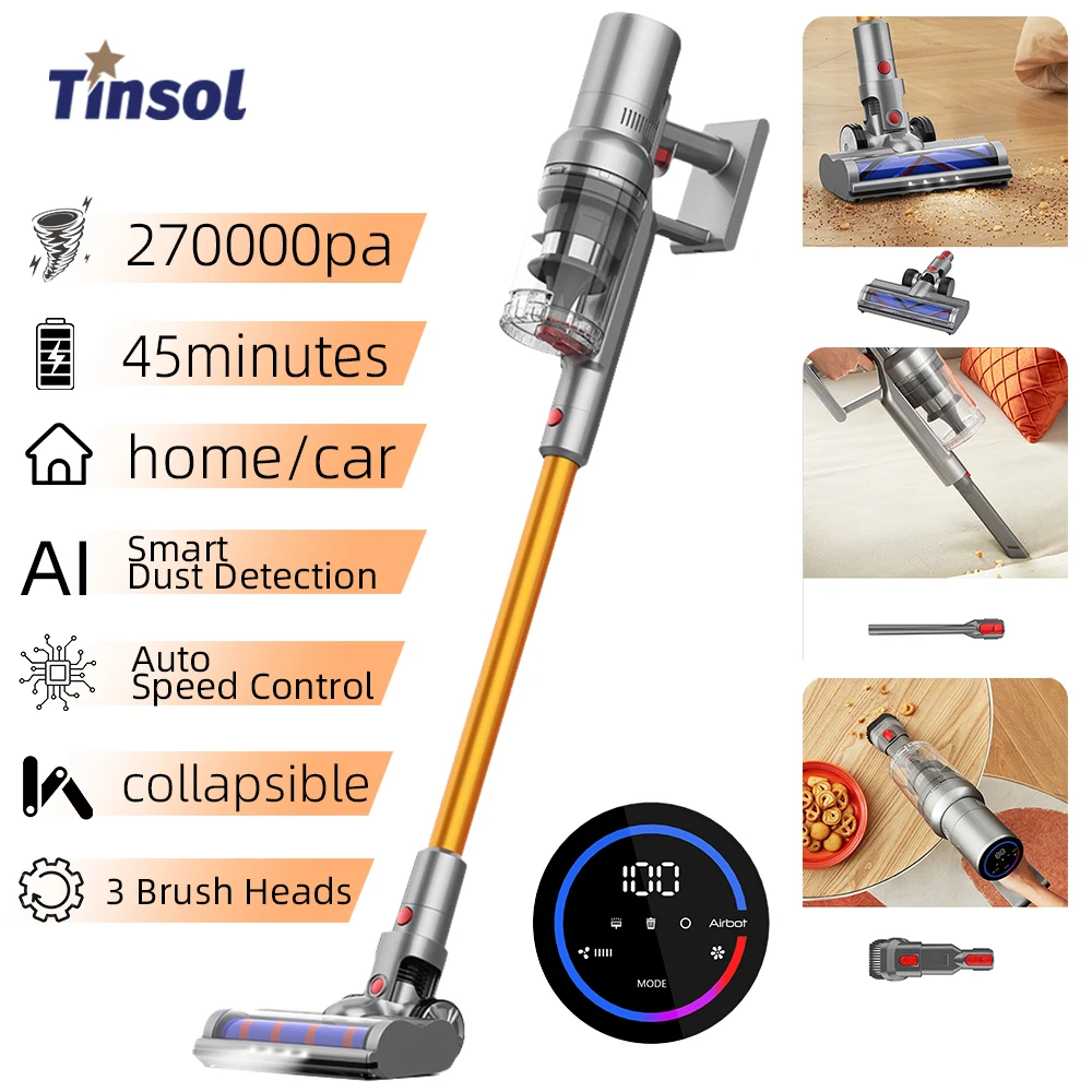 Tinsol VC309 27000PA Cordless Handheld Vacuum Cleaner Touch Screen Smart Dust Sensor Auto Speed Control for Home Bed Carpet Clea