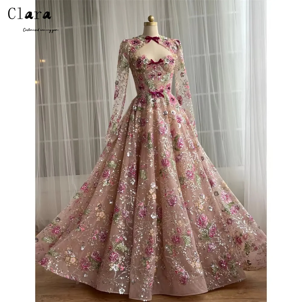 

Clara Custom A Line Flower Long Sleeve Sweetheart Luxurious Women's Evening Dresses Luxury 2025 Luxury Party Dress Elegant Gown