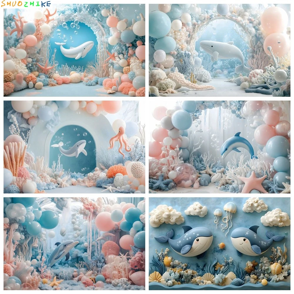 

Underwater World Dolphin Theme Backdrop Undersea Animals Plants Coral Baby 1st Birthday Party Photography Background Decor Prop