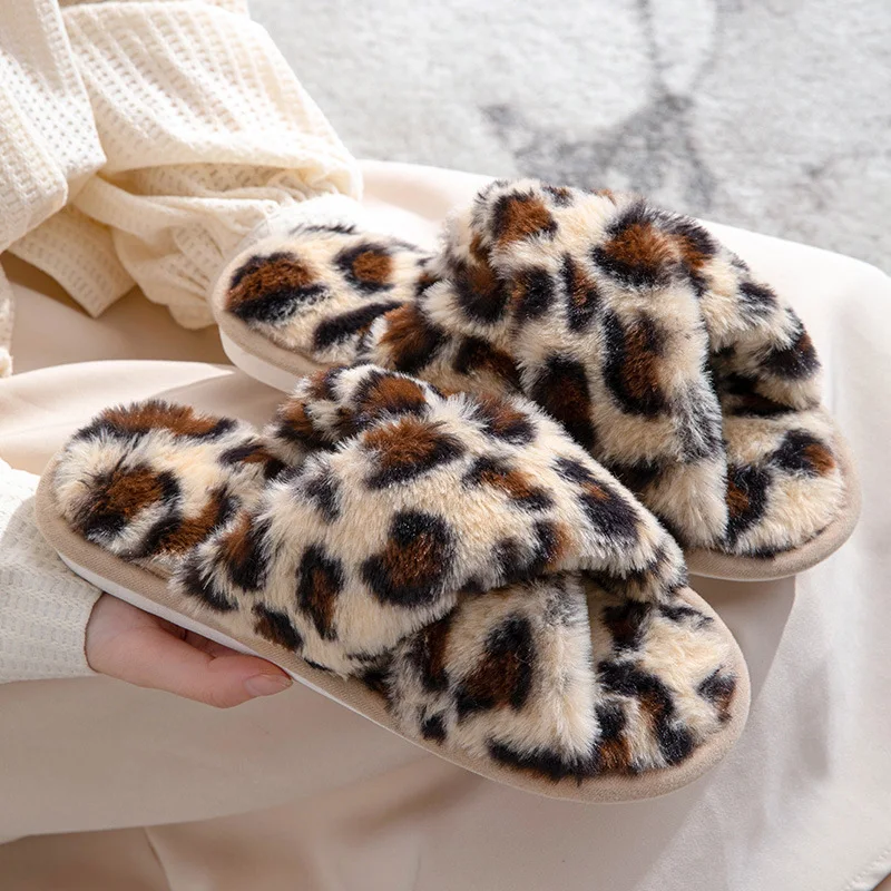 

New Cross Strap Fluffy Slippers Women Winter Warm Fur Home Slippers Woman Comfortable Soft Sole Non Slip Indoor Shoes Wholesale