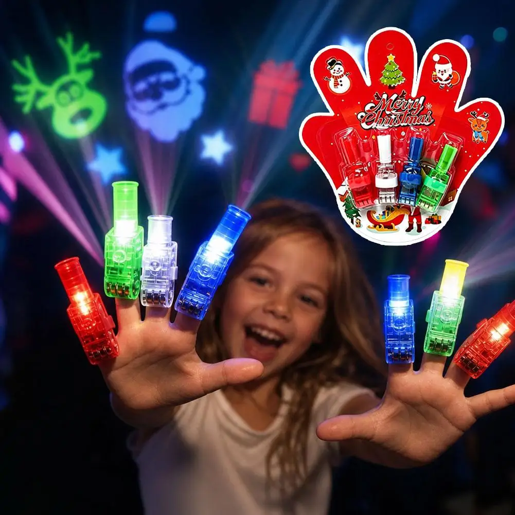 Kids Christmas LED Projection Finger Lights Colorful Cartoon Pattern Finger Lamp Fun Party Props for Holiday Entertainment Gift