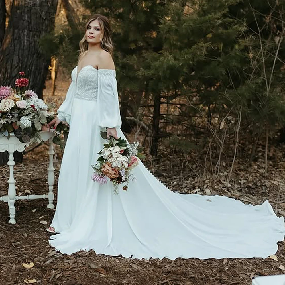 Removable Long Puff Sleeves Plus Size Bridal Gown Chiffon Sweetheart Bohemian Garden Lace Elegant Customized Civil Wedding Dress