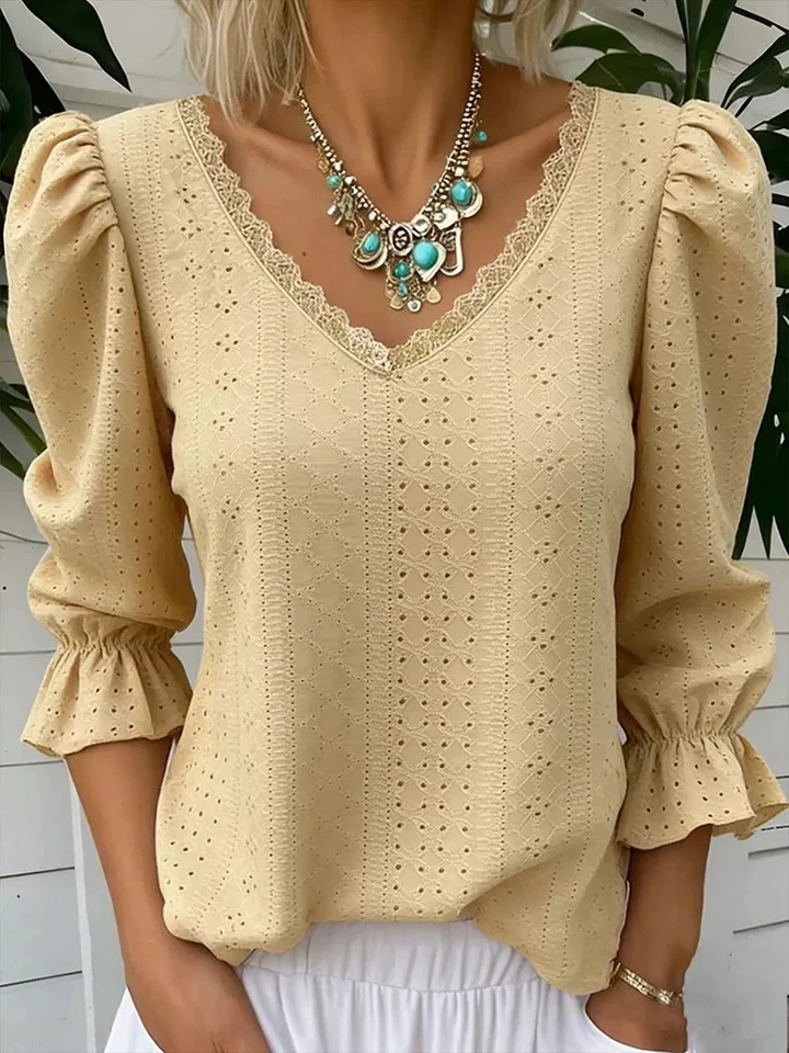 

Spring Summer New Solid Color Long Sleeve T-shirts Women's Simple Loose Commute Blouse Vintage Casual Lace Hollow Out Tops