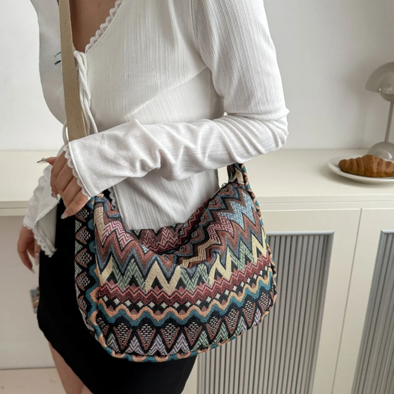 Simple and Stylish Canvas Shoulder Bag with Adjustable Strap, Stitched Embroidery, Foldable and Spacious