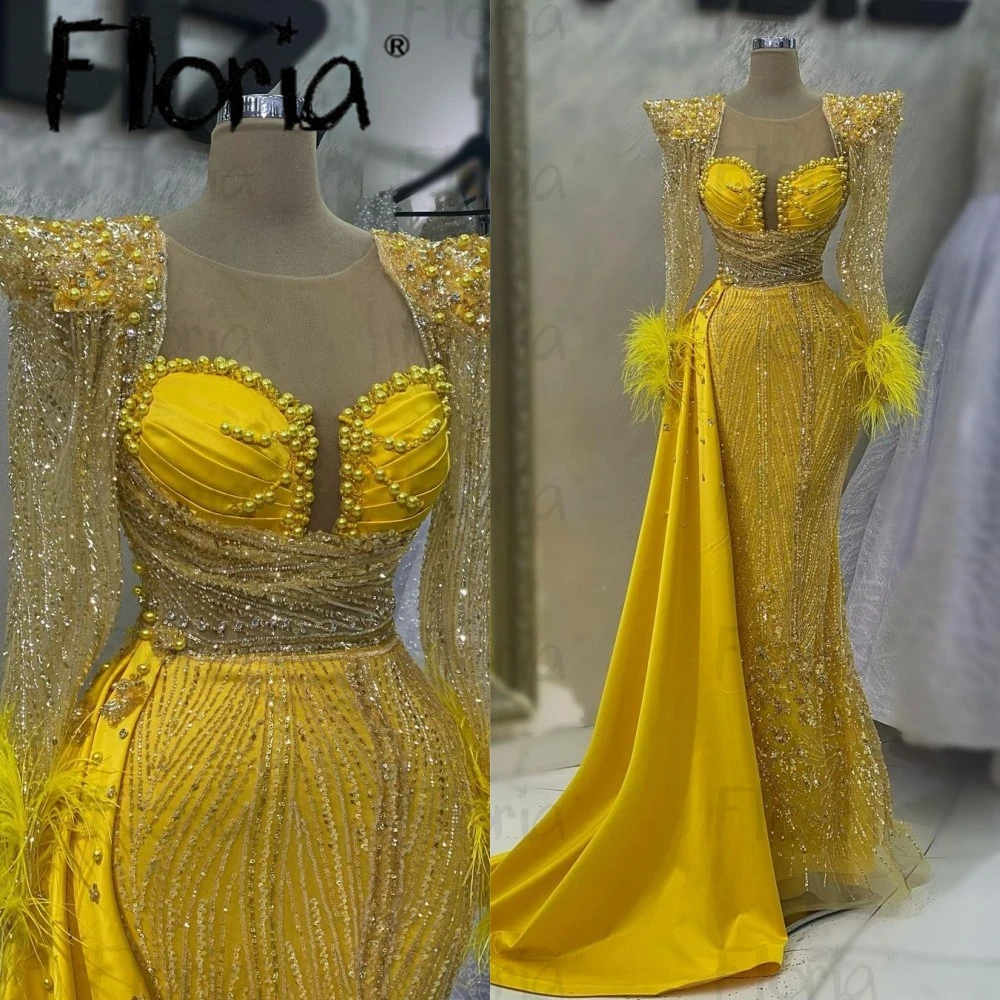 Yellow Elegant Evening Dress Glitter Mermaid Beaded Long Sleeve Wedding Party Gowns Dubai Engagement Dress  Robe Soirée Female