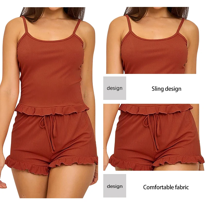 Summer Two-Piece Solid Color Sleepwear Round Neck Sexy Suspender Ribbed Knitted Pleated Vest Shorts Casual Women\'s Sleepwear Set