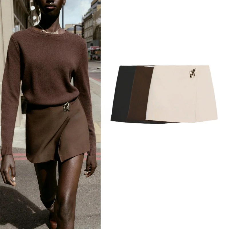 

Новое осеннее поступление, женский коврик с высокой талией, асимметричное металлическое украшение, повседневная юбка-трапеция, полиэстер...