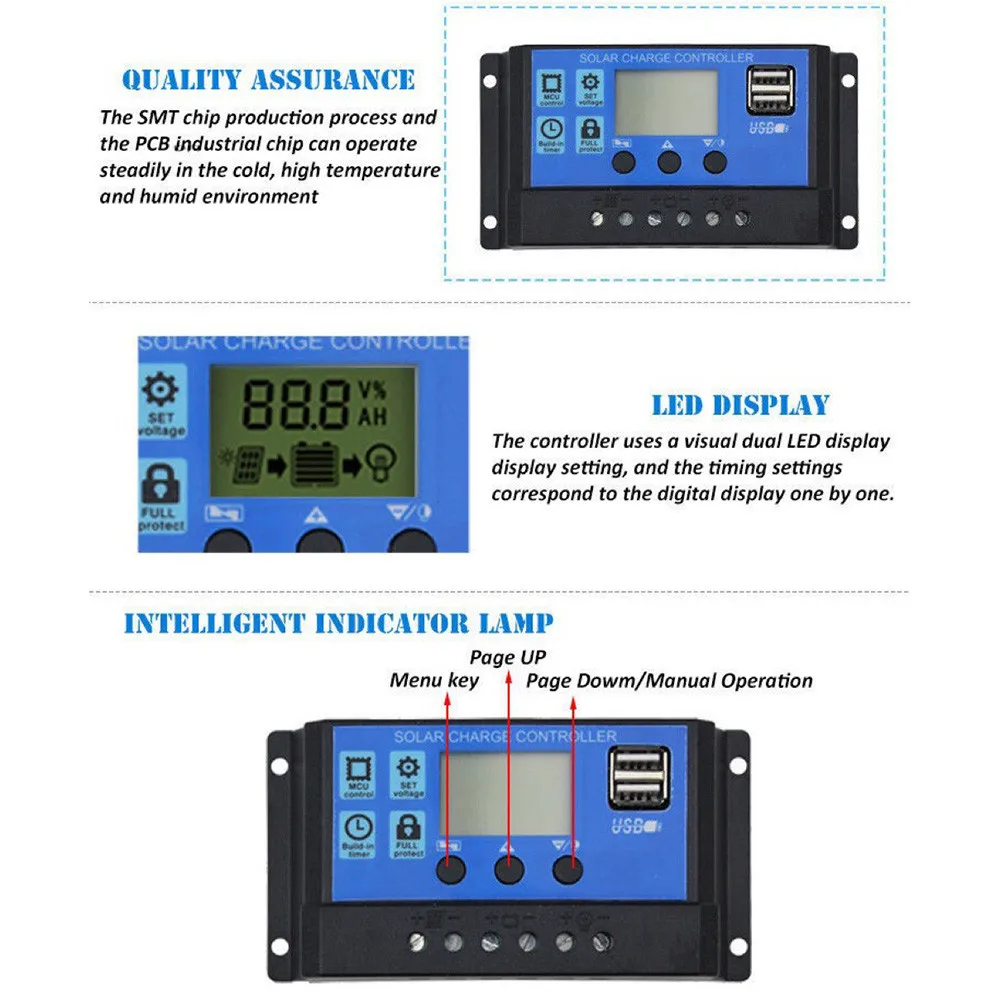 100A Solar Charge Controller Solar Panel Controller 12V/24V Adjustable LCD Display Solar Panel Battery Regulator with USB Port