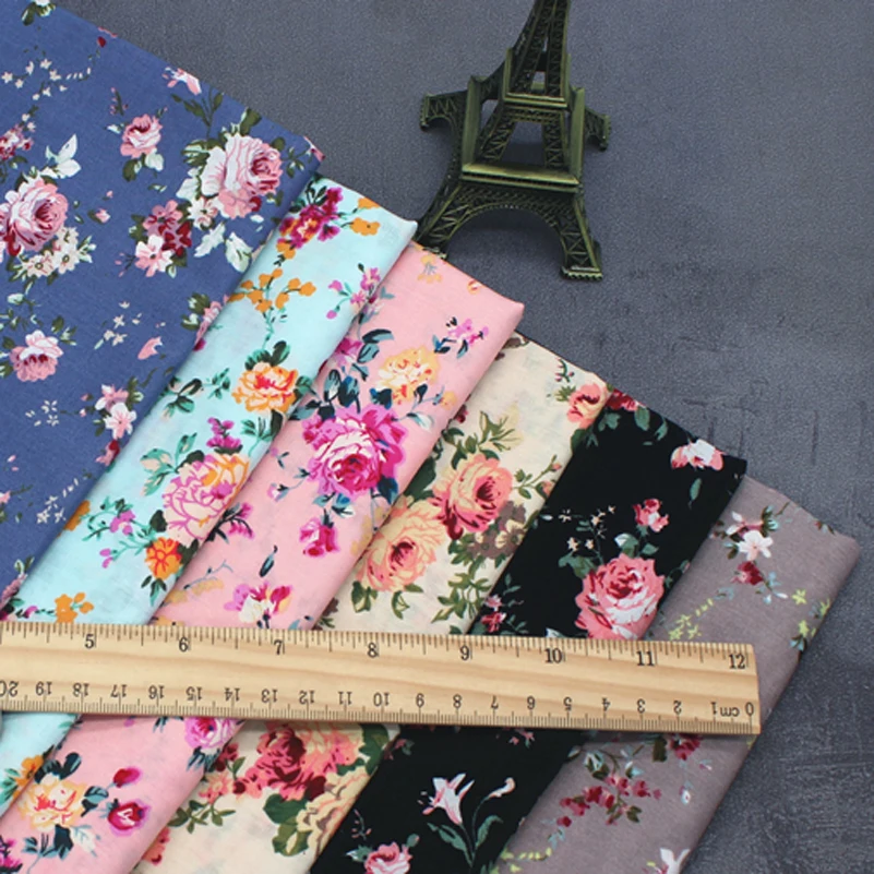 Quilting Fabric Cotton Poplin Rose Flower Thin Light DIY Handmade per Half Meter