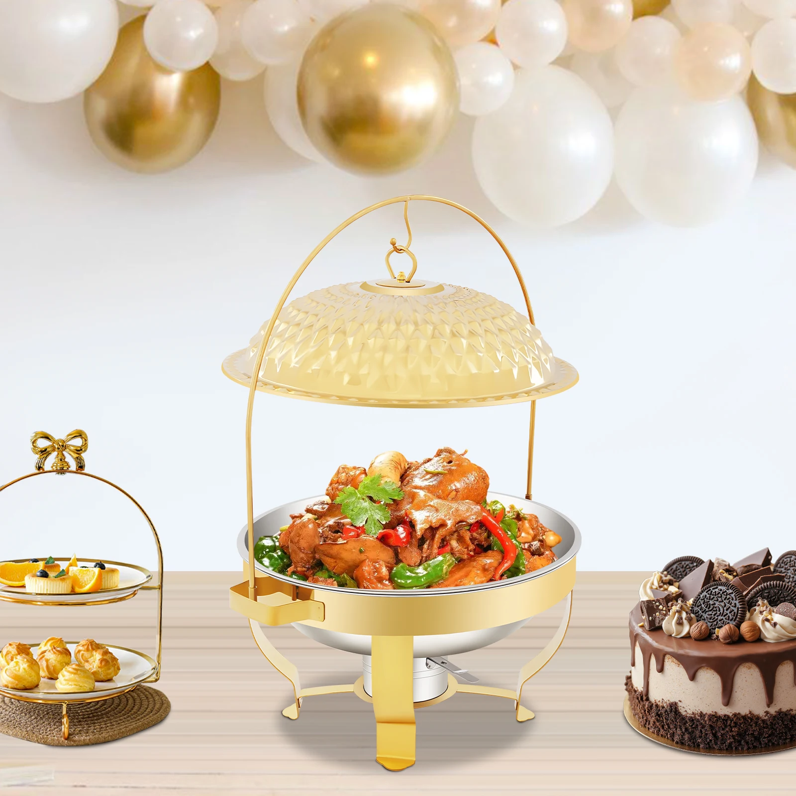 6.3QT (6L) Gold Plated Round Stainless Steel Chafing Dish with Hanging Cover, Buffet Food Warmer Stove with Lid & Food Pan for Wedding Banquet & Catering Events