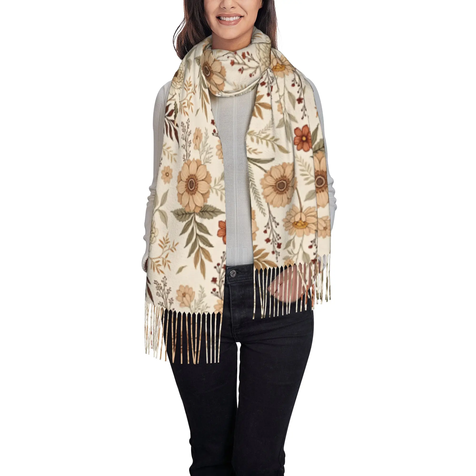 Custom Neutral Boho Earth Tone Vintage Floral  Scarf Wrap Women Long Winter Warm Tassel Shawl Unisex  Scarves