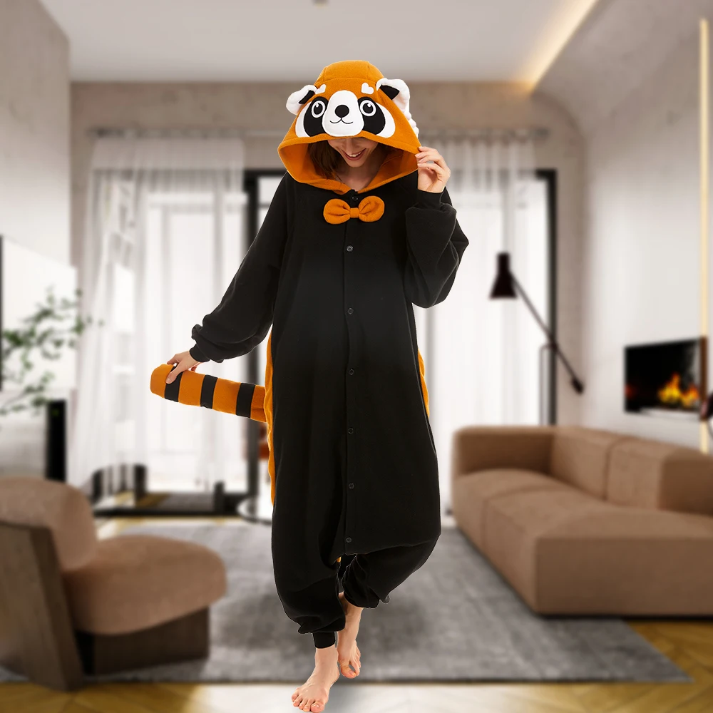 Adults Red Panda One-Piece Pajama for Men and Women Winter Onesie Hooded Sleepwear Pijama Halloween Cosplay Costume Jumpsuit