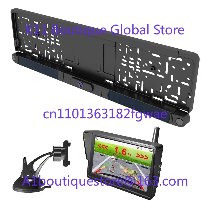 5-Inch Solar 2.4GHz Digital Wireless WIFI Car Rear View Parking Sensor Camera for Car European License Plate Frame
