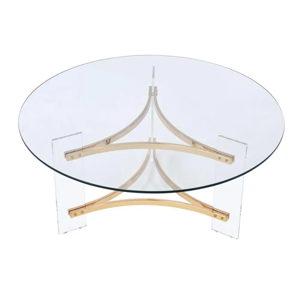 Round Tempered Glass Top Coffee Table In Clear And Gold, Customized