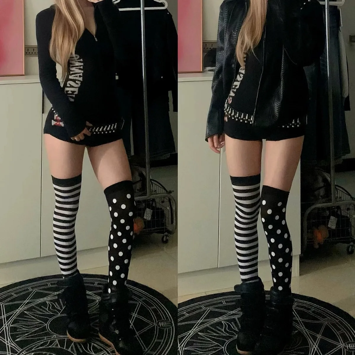 Asymmetrische Overknee-Socken für Damen, Y2k Goth gestreifte Strümpfe, Alt Aesthetic Harajuku Egirl Outfit – Detail 4