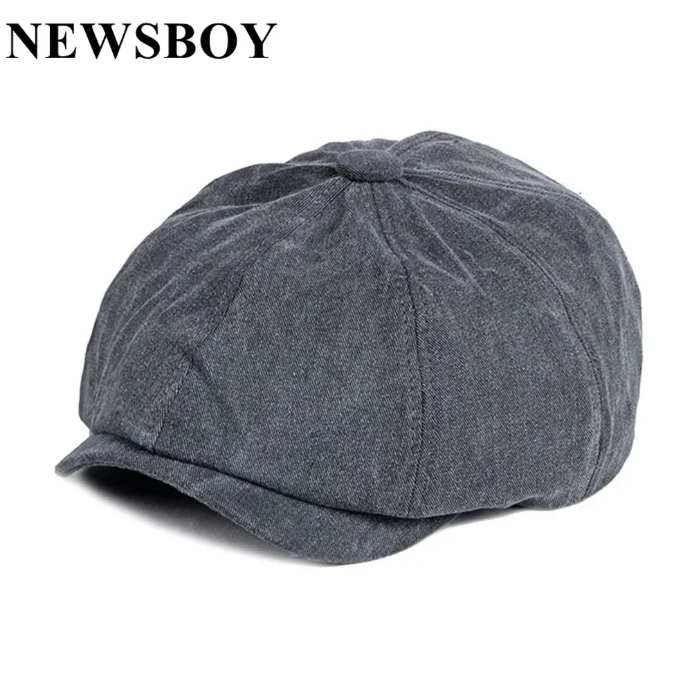 

NEWSBOY Cap Man Black Spring Autumn New Vintage Washed Cotton Flat Caps for Men Retro Octagonal Cap Classic Beret Elastic