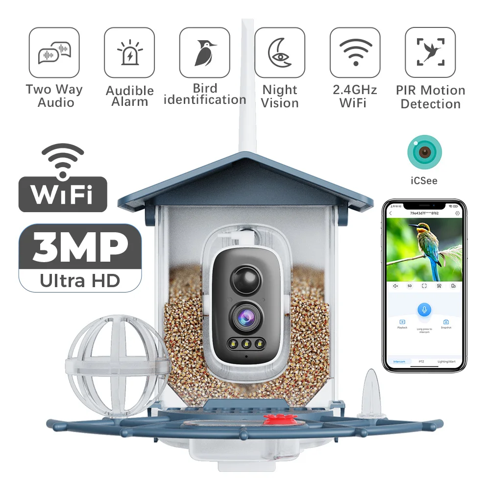 Smart WiFi Bird Feeder 3MP Ultra HD Camera Bird Identification Night Vision Two-Way Audio Motion Detection Bird Watching Device