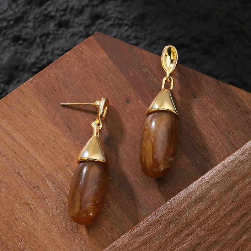 Gold‑Tone Brown Marbled Oval Drop Earrings Vintage Resin Dangle Earrings Elegant Daily Fashion Jewelry For Women