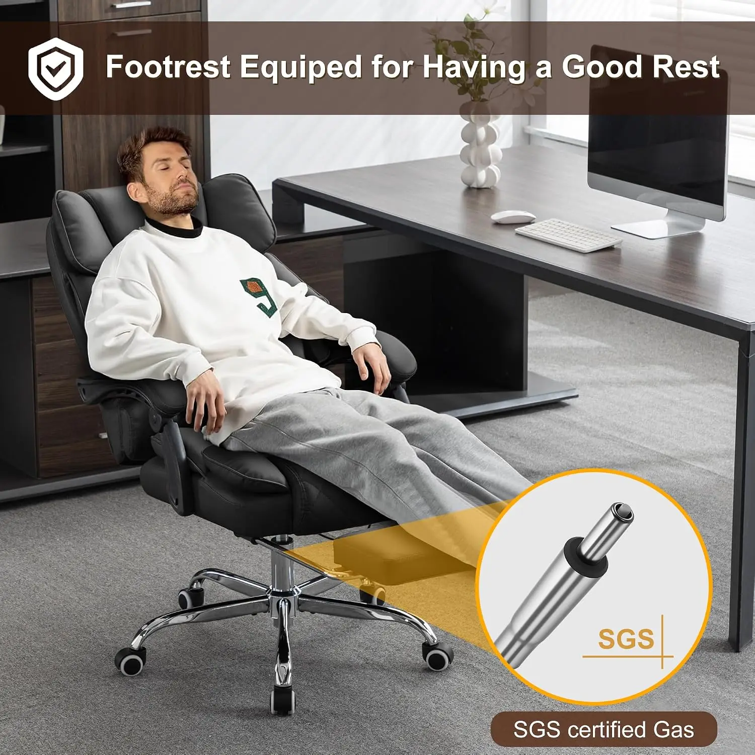 Massage Heated Office Chair with Footrest, 90-135° Reclining Executive Desk Chair, Diamond-Stitched Leather, Black, Customized