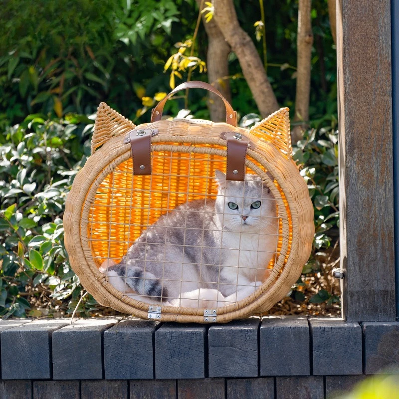 Portable rattan cat bag summer out pet cat nest portable breathable pet bag