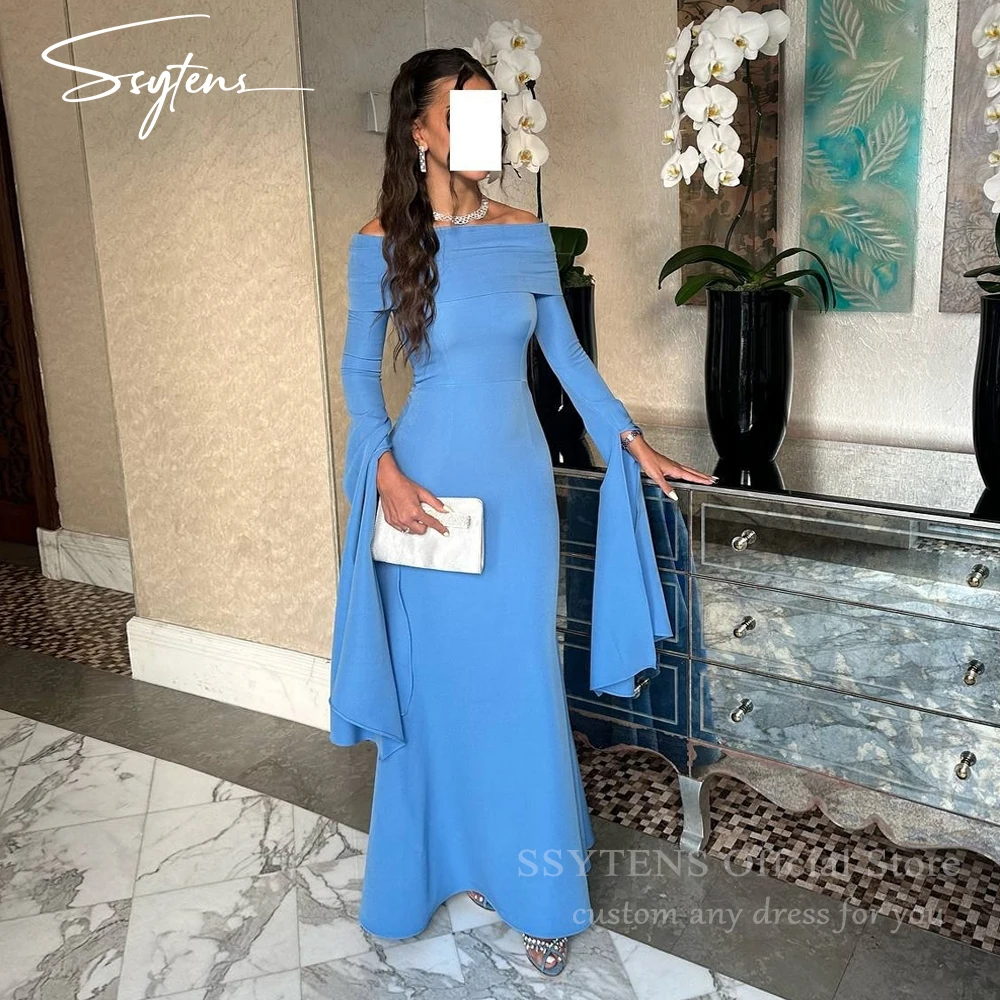 SSYTENS Elegant Blue Evening Dresses Ladies Off the Shoulder Arabic Long Mermaid Prom Gowns Wedding Guest Party Dress Customized