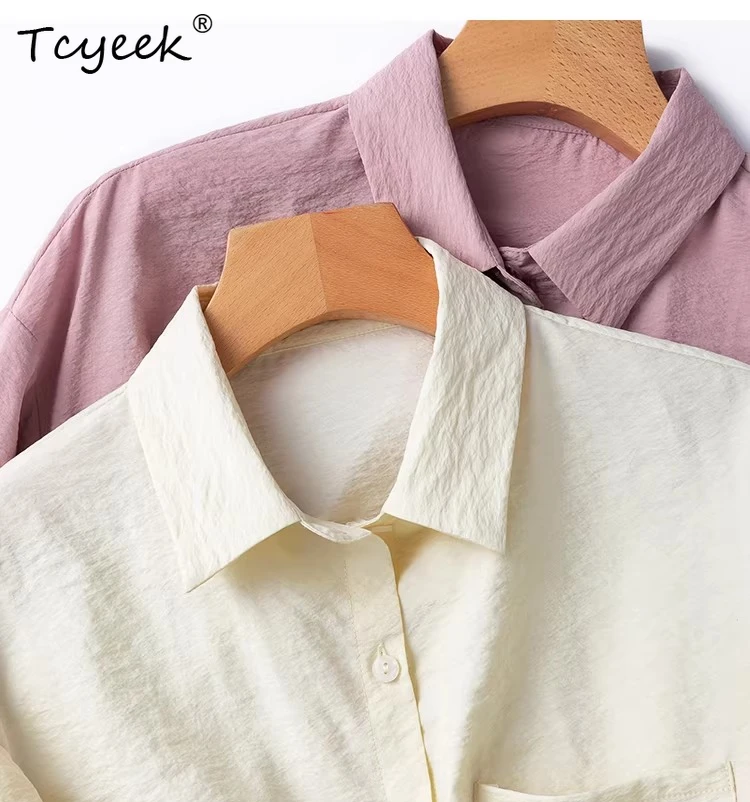 

Женская рубашка Tcyeek из 76% шелка тутового шелкопряда, однотонная, весна-лето, с длинным рукавом, свободного кроя