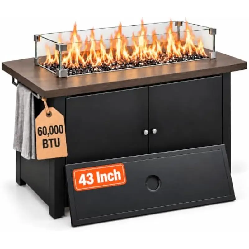 43 Inch Rectangular Outdoor Fire Pit Table with 60000 BTU Propane Burner • Tempered Glass Wind Guard • Gray Fire Glass • Wood Gr