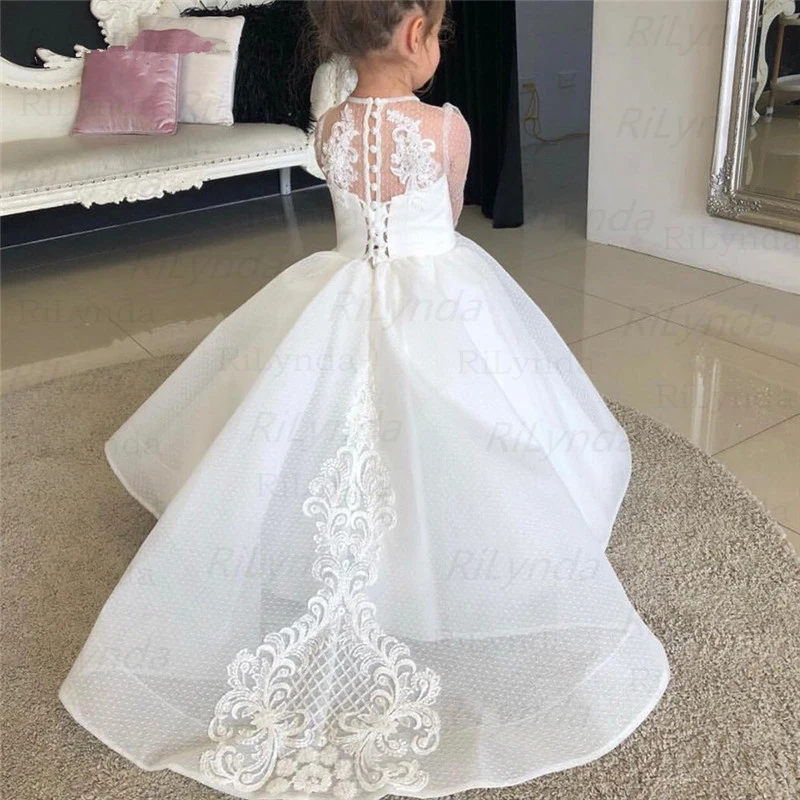 

White Elegant Lace Applique Flower Girl Dresses Ball Gown Kids Pageant Birthday Holy Communion Fluffy Tulle Sleeveless Dresses