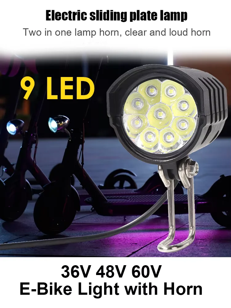 AliExpress Toptrek E-Bike Horn Light 36V 48V 60V Electric 9LED Bicycle Headlight 18W Waterproof 2in1 Horn and Light Switch Scooter Bike Flashlight