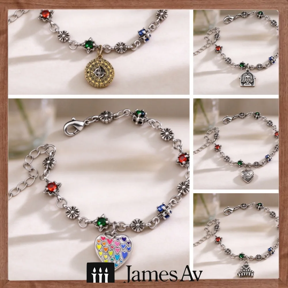 Colorful Rhinestone Link Charm Bracelet for Women, Assorted Variety Metal Pendant Charms, Lobster Clasp Adjustable