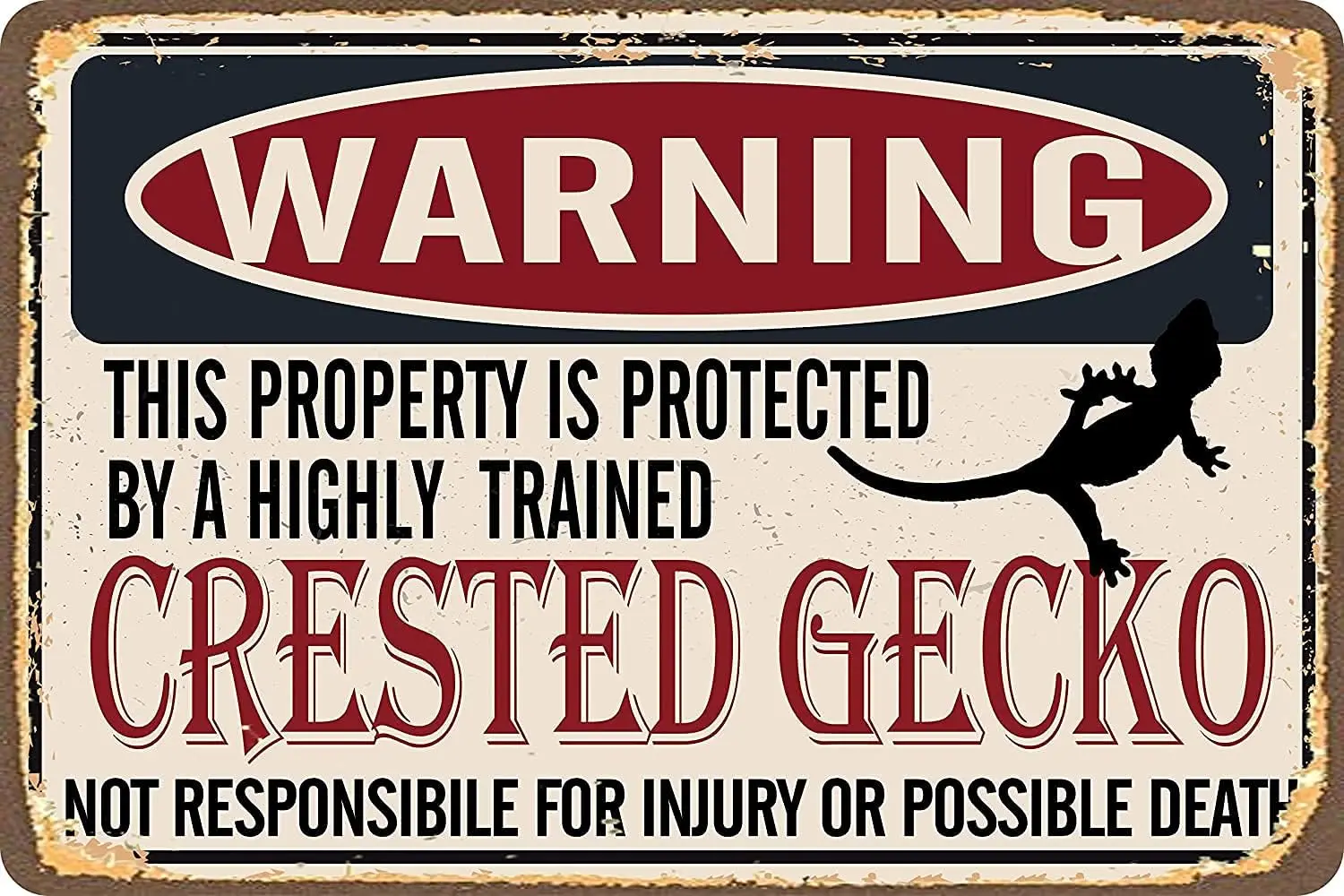 Metal Sign Warning Property Protected by Crested Gecko Retro Metal Tin Sign Vintage Aluminum Sign for Home Coffee Wall Decor 8x1