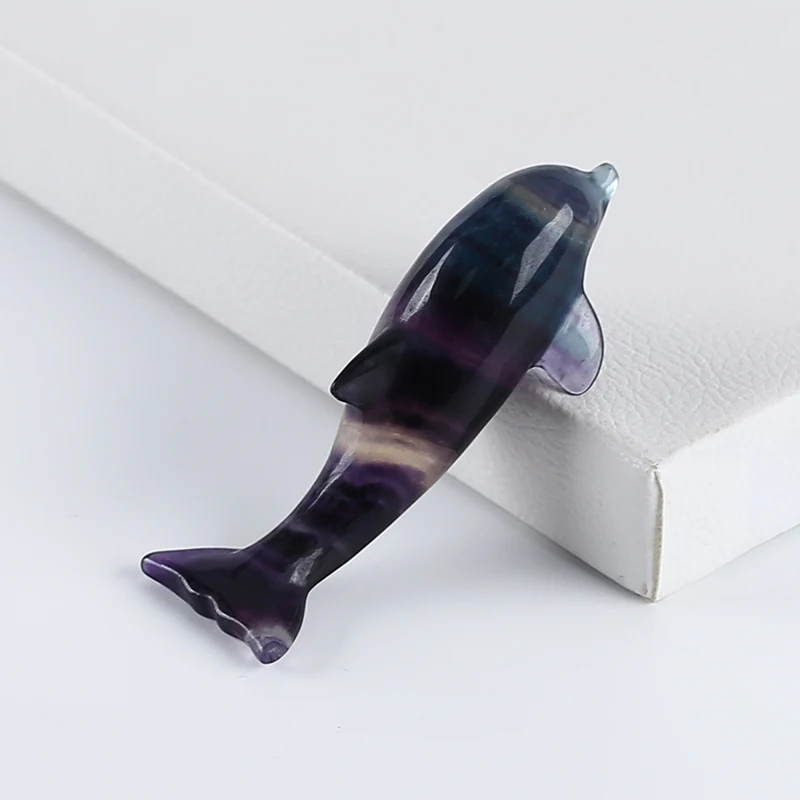 Animal Ornament Natural Stone Rainbow Fluorite Carved Dolphin For Decoration Gemstones Jewelry Pendant Free Drilling 80x28x19mm