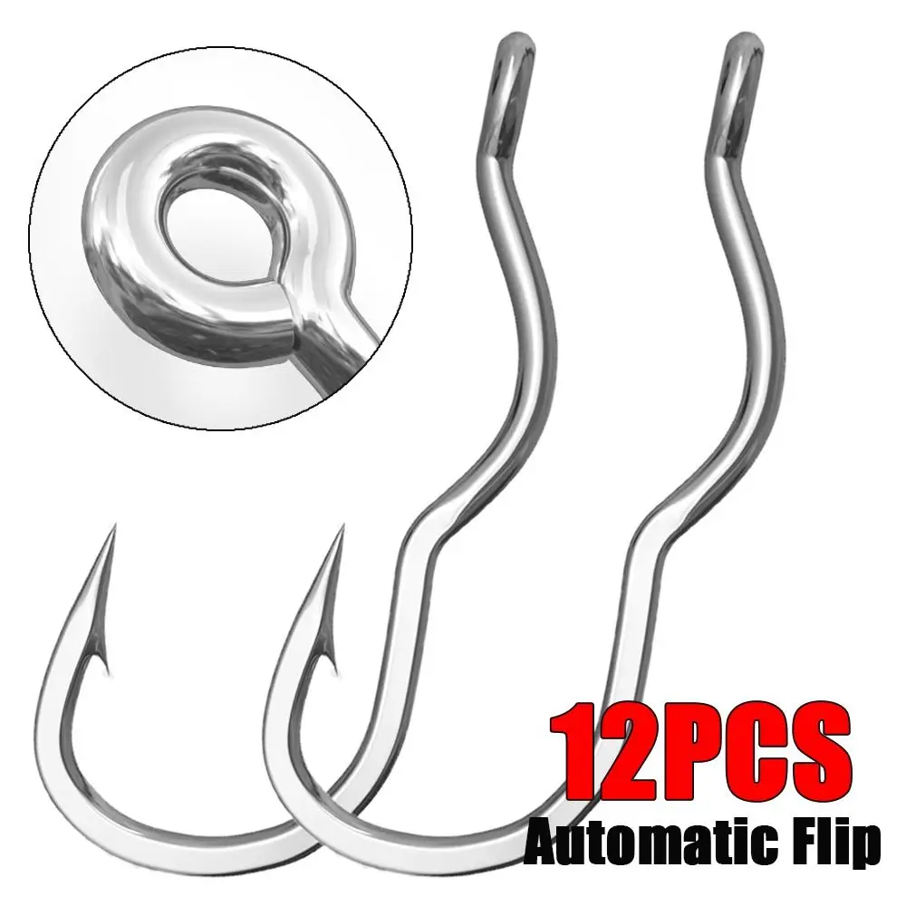 12Pcs/Pack Durable High Carbon Steel Automatic Flip Fishhook Sharp Barbed Anti Slip Fishing Hook With Eye Fishing Tackle