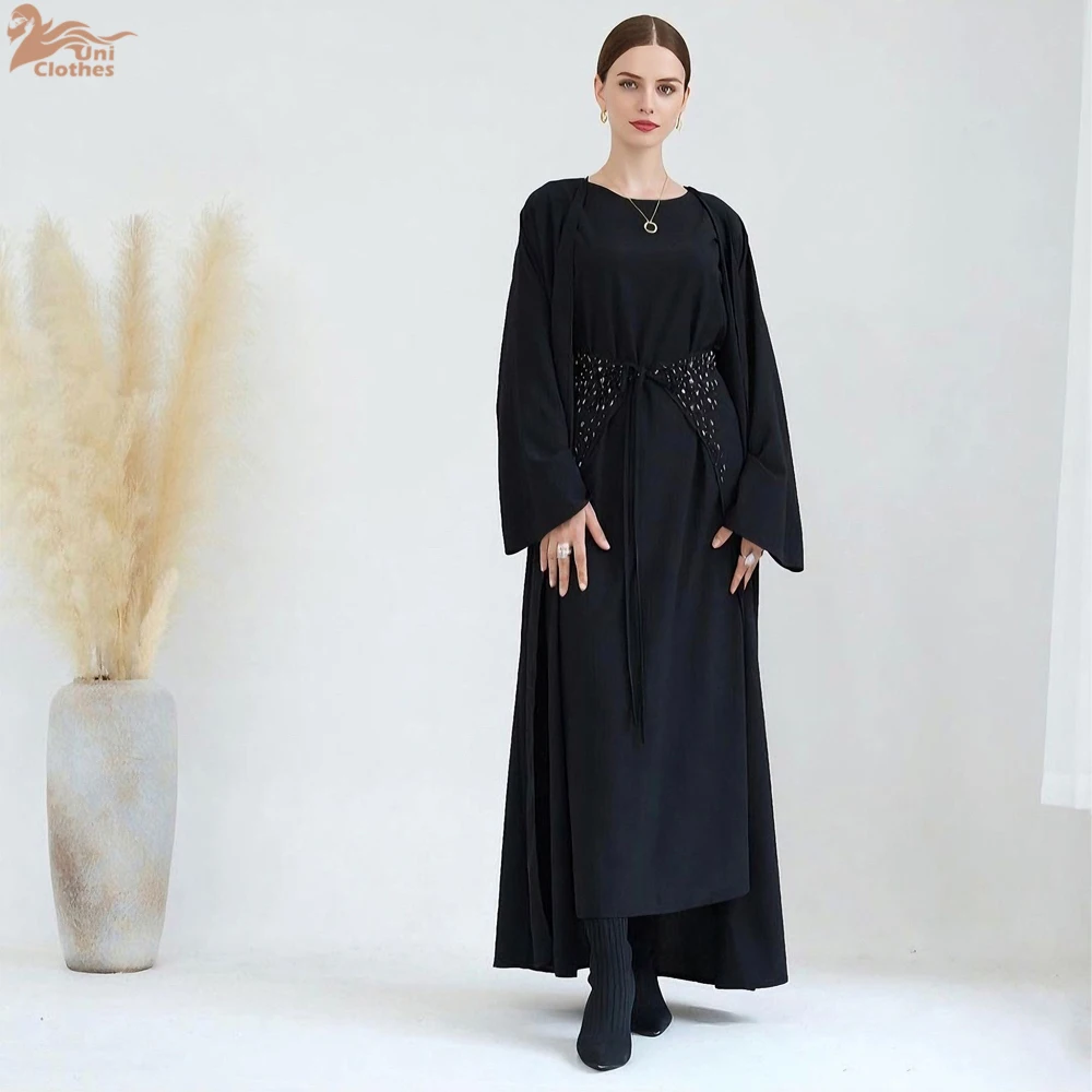 Ramadan Three-Piece Islamic Clothing Set for Women Elegant Muslim Modest Black Abaya Dress with Hijab Outfit Turkey Kaftan Robe
