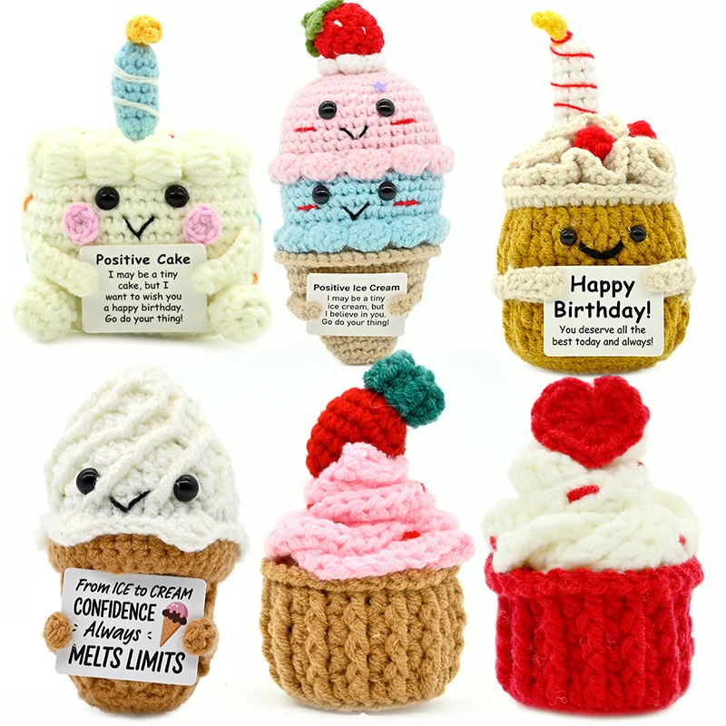 FoodSeries Positive Energy Cake&IceCream Crochet Doll Handmade Knitted Decor Ornament Encouragement Card Mini Desk Decor Gift