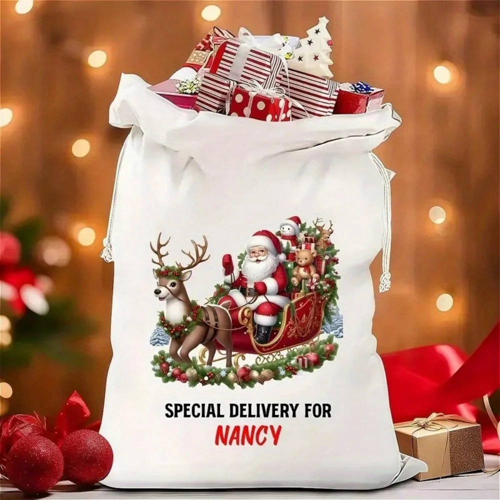 1Pc Customized Name/Text Santa Reindeer Imitation Hemp Gift Bags,Extra-Large Drawstring Bag,Party Gift Candy Bags,Christmas Gift