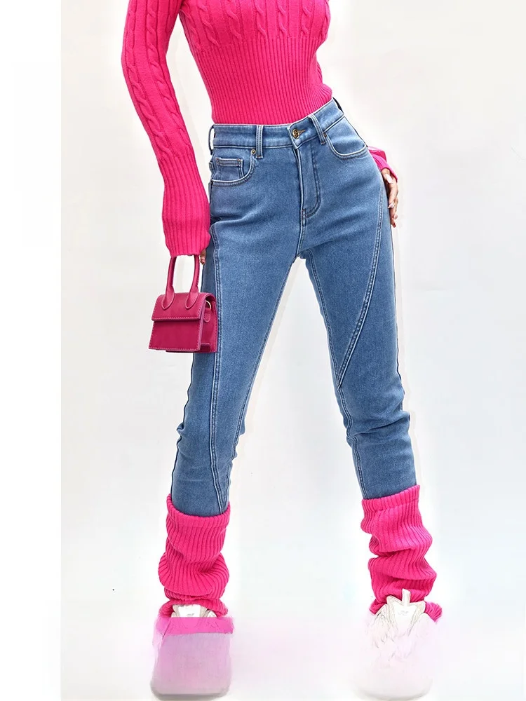 

Princess Style American Retro Thickened Fleece Butt Lifting Slimming Jeans Women's Autumn Fashion Small Foot Jeans