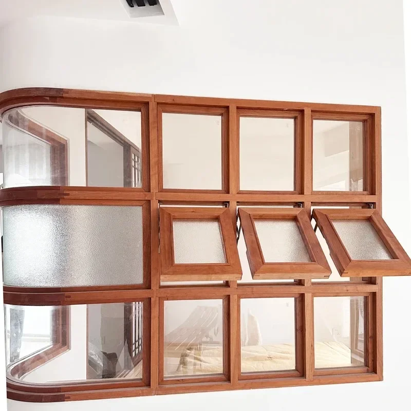 Solid wood curved corner wooden window special-shaped upper window folding wooden left and right sliding winden window customizo