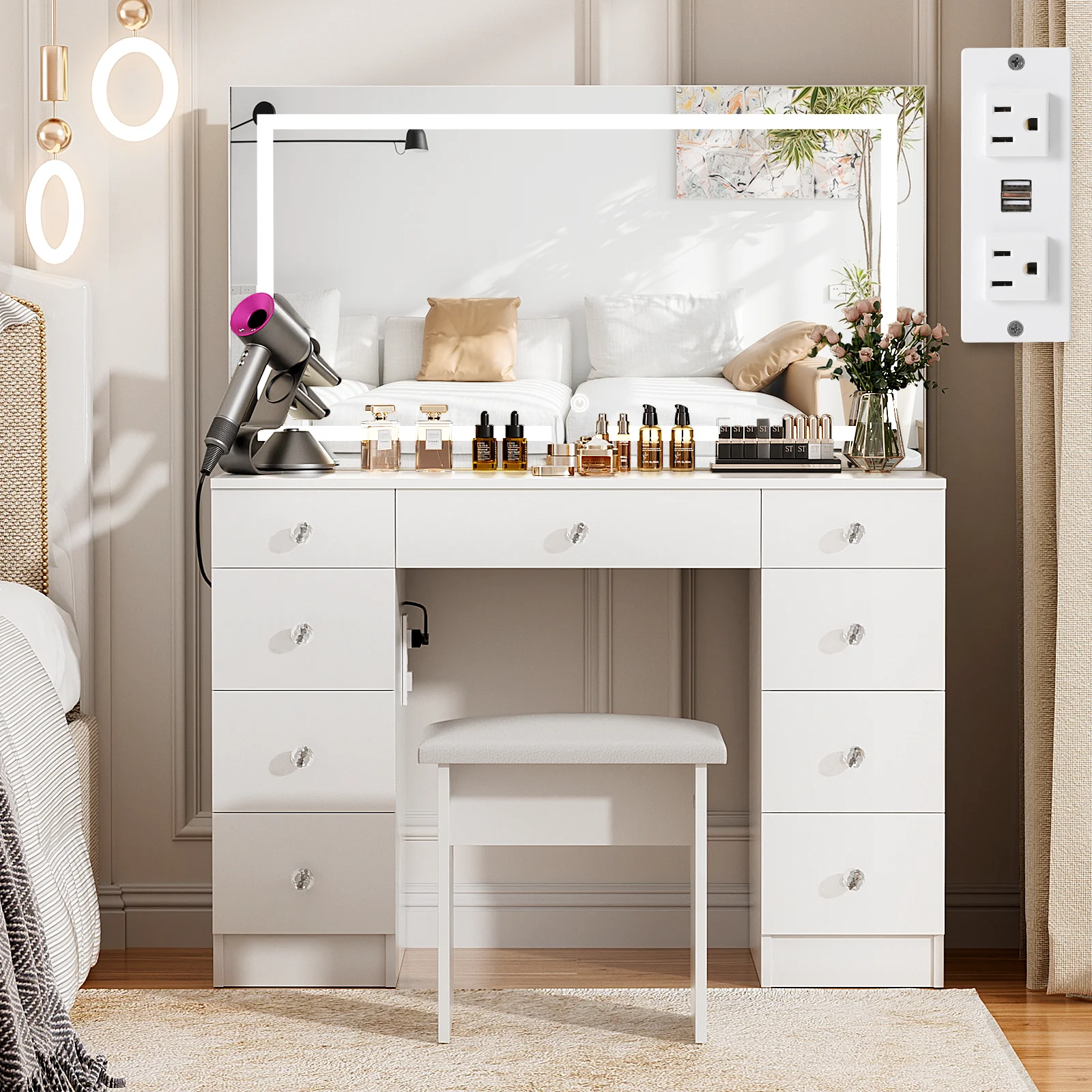 Vanity with Lighted Mirror - Makeup Vanity Desk with Power Outlet and 9 Drawers, 3 Color Lighting Modes Adjustable Brightness