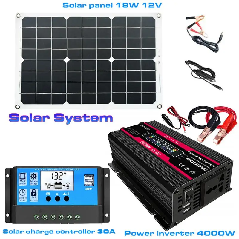 Imagem -02 - Inversor de Energia Sistema Painel Solar 12v a 110 220v Carro Conversor Display Lcd 30a Controlador Solar para o Telefone do Aparelho Eletrodoméstico 4000w