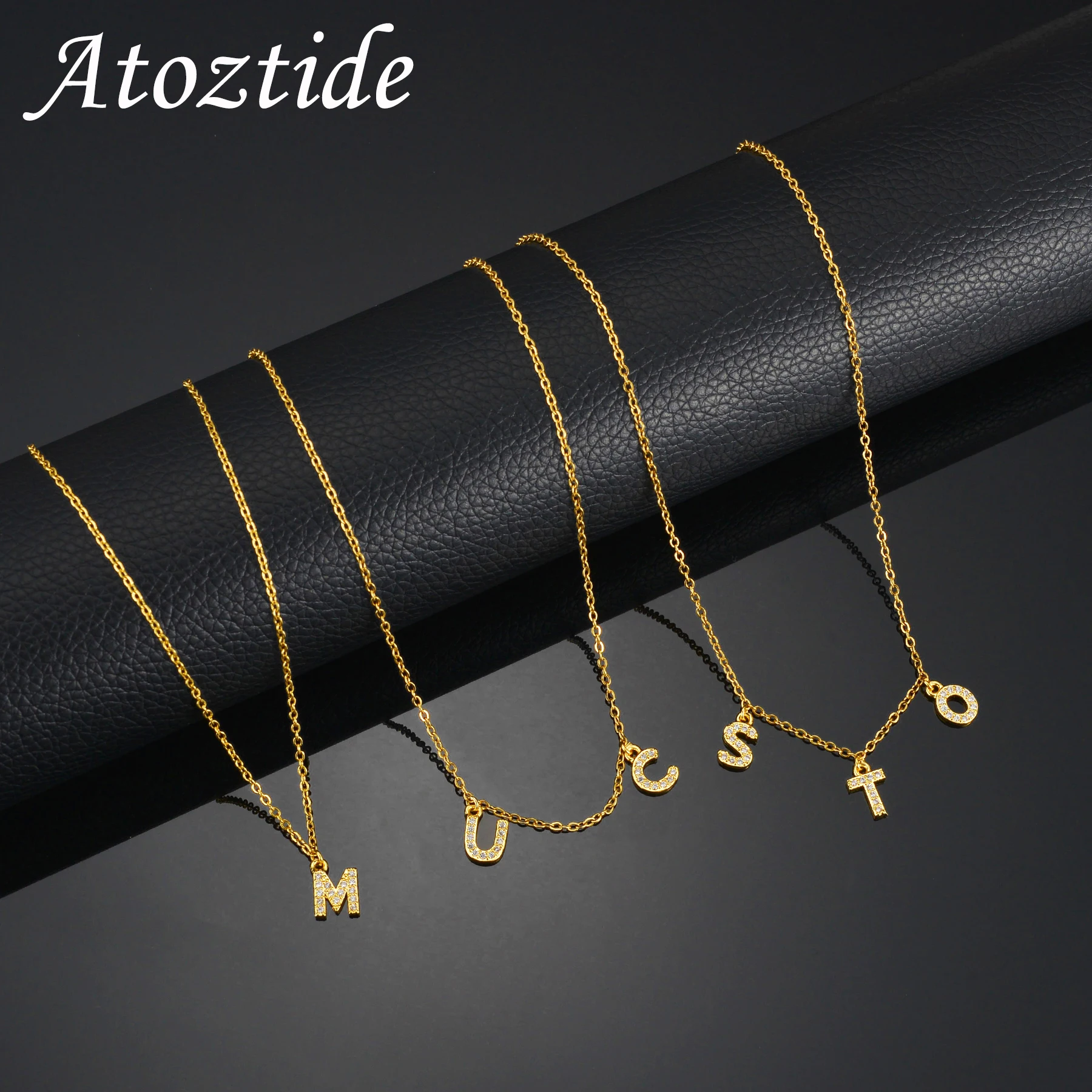 Atoztide Personalized Custom Zircon Name Necklaces For Women Stainless Steel Link Chain Letter Pendant Choker Jewelry Gift