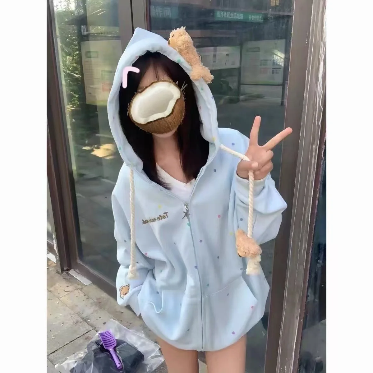 عارضة نمط البولكا نقطة الدب طباعة البلوز أوائل الخريف جديد الهيب هوب كسول أعلى طويلة الأكمام بولو طوق آخر النسيج السيدات Sw...