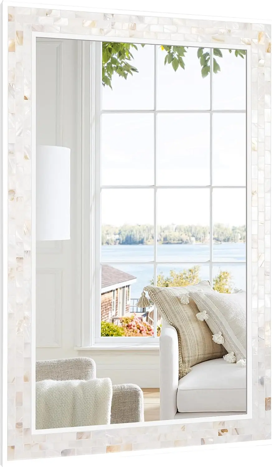 White Framed Rectangle Bathroom Mirror 24X36 Inch Mother Pearl Mosaic Frame Tempered Glass Horizontal Vertical Hanging Bedroom L