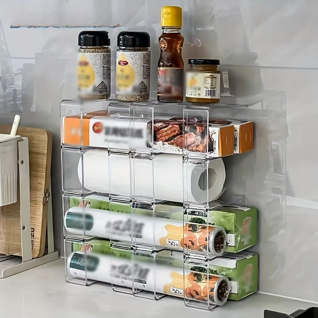 1pc Layered Kitchen Cabinet Spice Rack, Drawer Style Seasoning Shelf & Plastic Wrap Holder for Cabinet Interior Organization