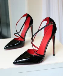 New black ultra light mouth straight strap high heels for women, slim heels, sexy cross straps, red sole sandals, single shoe